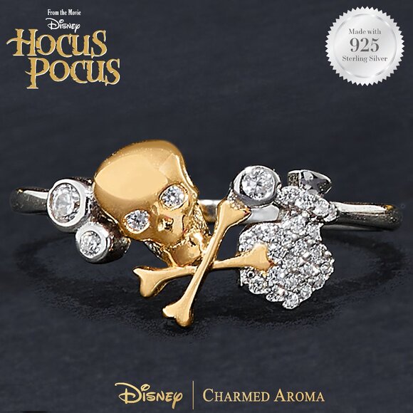 Disney Hocus Pocus Gold Skull and Crossbones Ring, 925 Sterling Silver - Picture 1 of 4